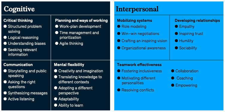 4 grandes catégories : “cognitive”, “interpersonal”, “self-leadership” et “digital”
